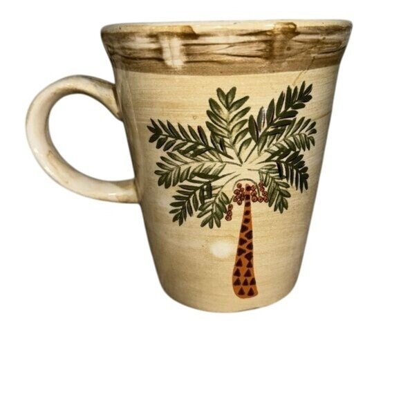 Set Of 2 Home Trends Palm Tree Ceramic Mugs Beige & Brown Design 4.5" Tall Dishw - Picture 2 of 7